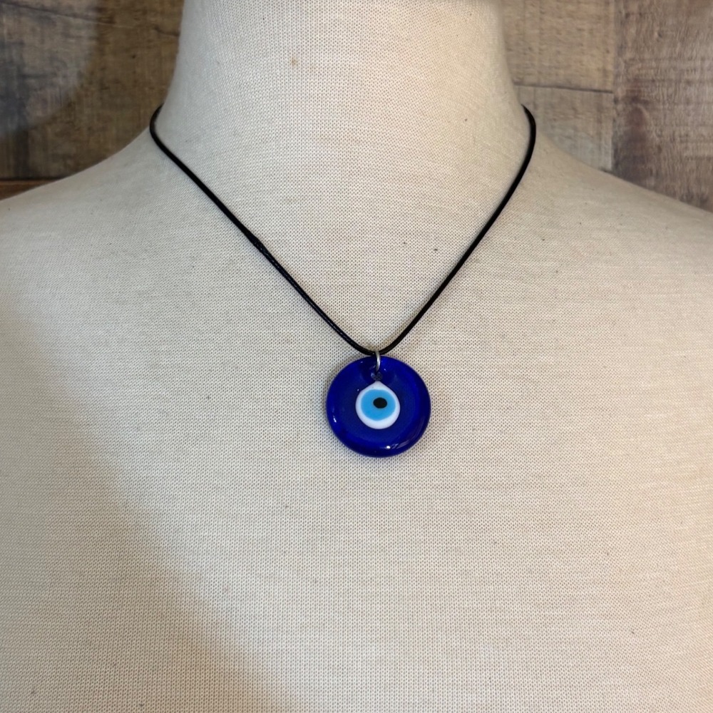 Blue Glass Evil Eye Nazar Pendant Necklace Black Cord Adjustable